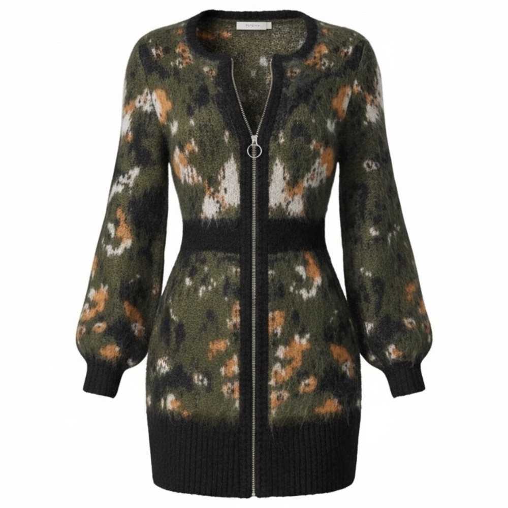Venus zippered sweater dress camouflage pattern in green black mustard yellow M
